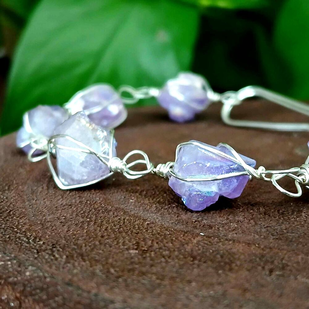 Aura Amethyst Crystal Bracelet, Wire Wrapped, 8" Boho Statement - Picture 6 of 8